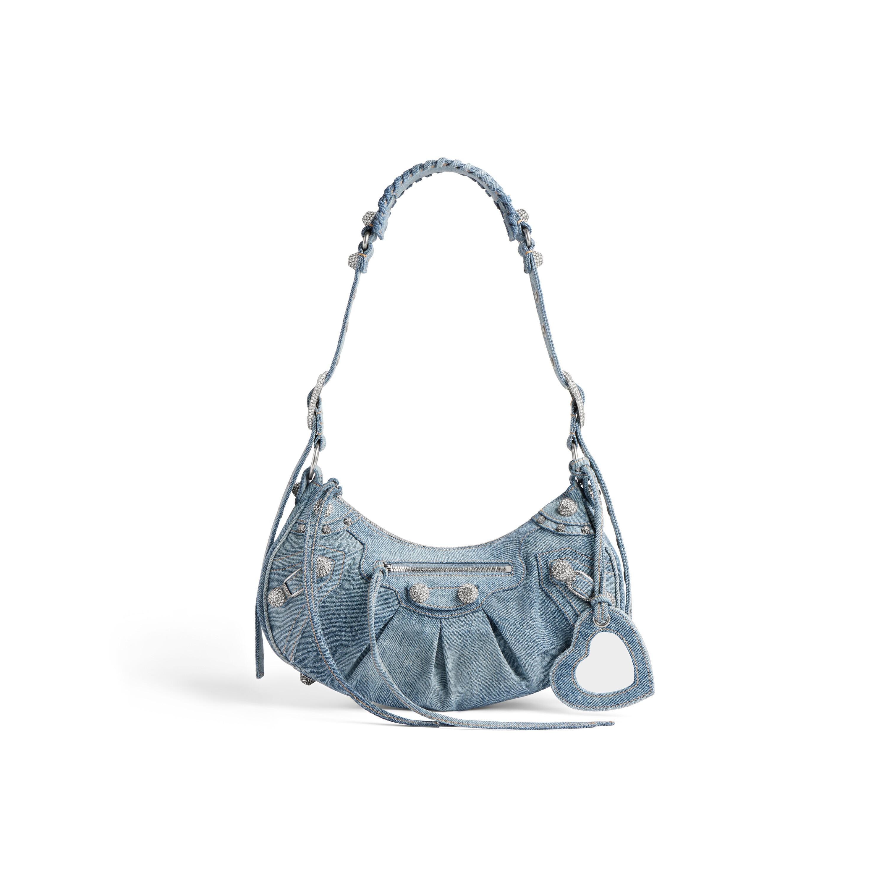 Women's Le Cagole Small Shoulder Bag Denim With Rhinestones in Blue Product Image