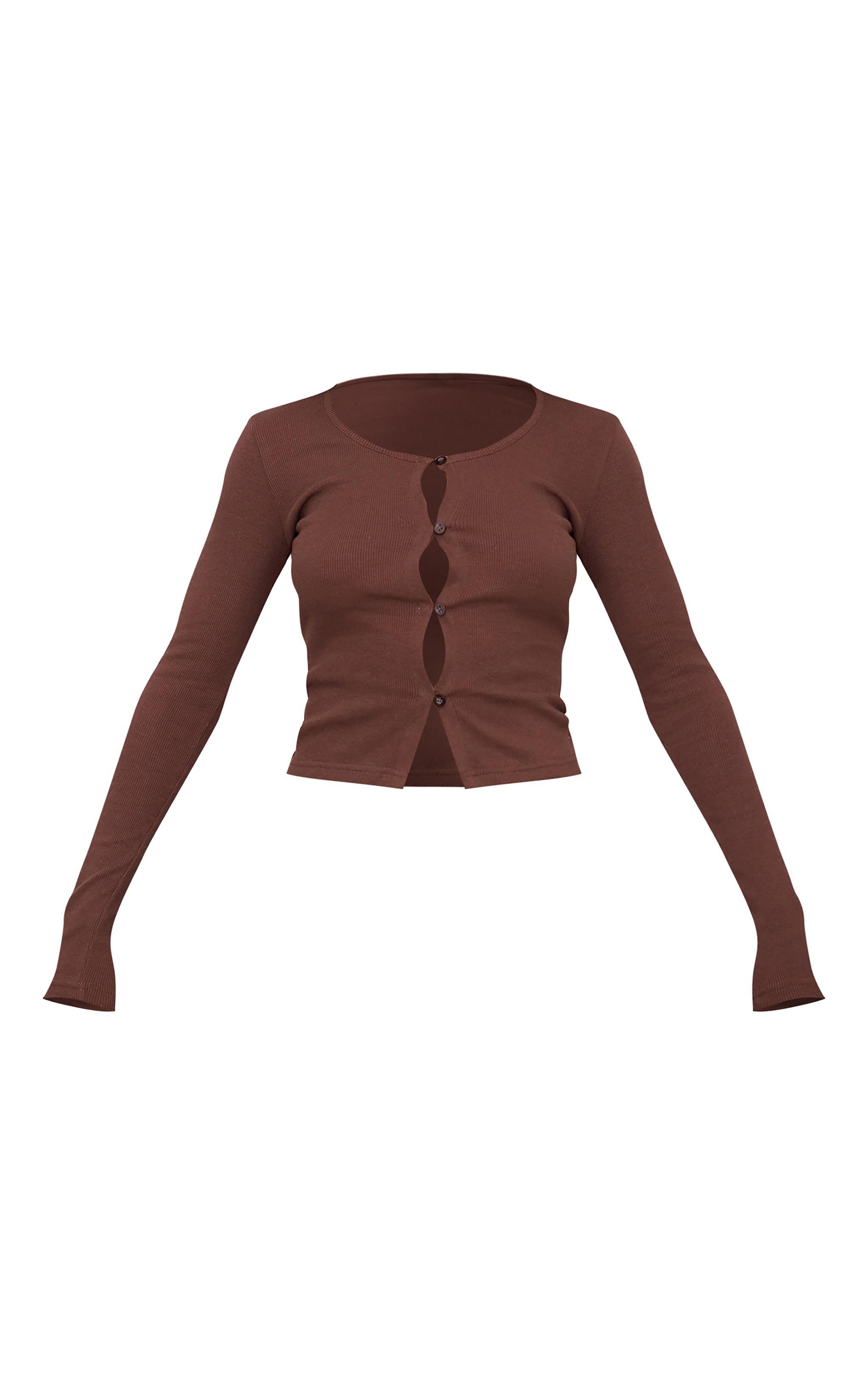 Chocolate Ribbed Button Down Fitted Long Sleeve Top Product Image