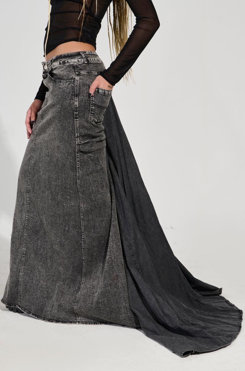 OH THE DRAMA DENIM MAXI SKIRT WITH TRAIN IN GREY Product Image