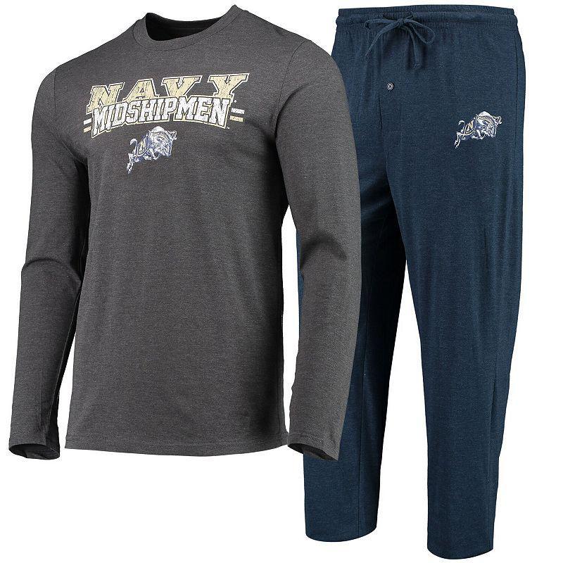 Mens Concepts Sport Navy, Heathered Charcoal Distressed Navy Midshipmen Meter Long Sleeve T-shirt and Pants Sleep Set - Navy Product Image