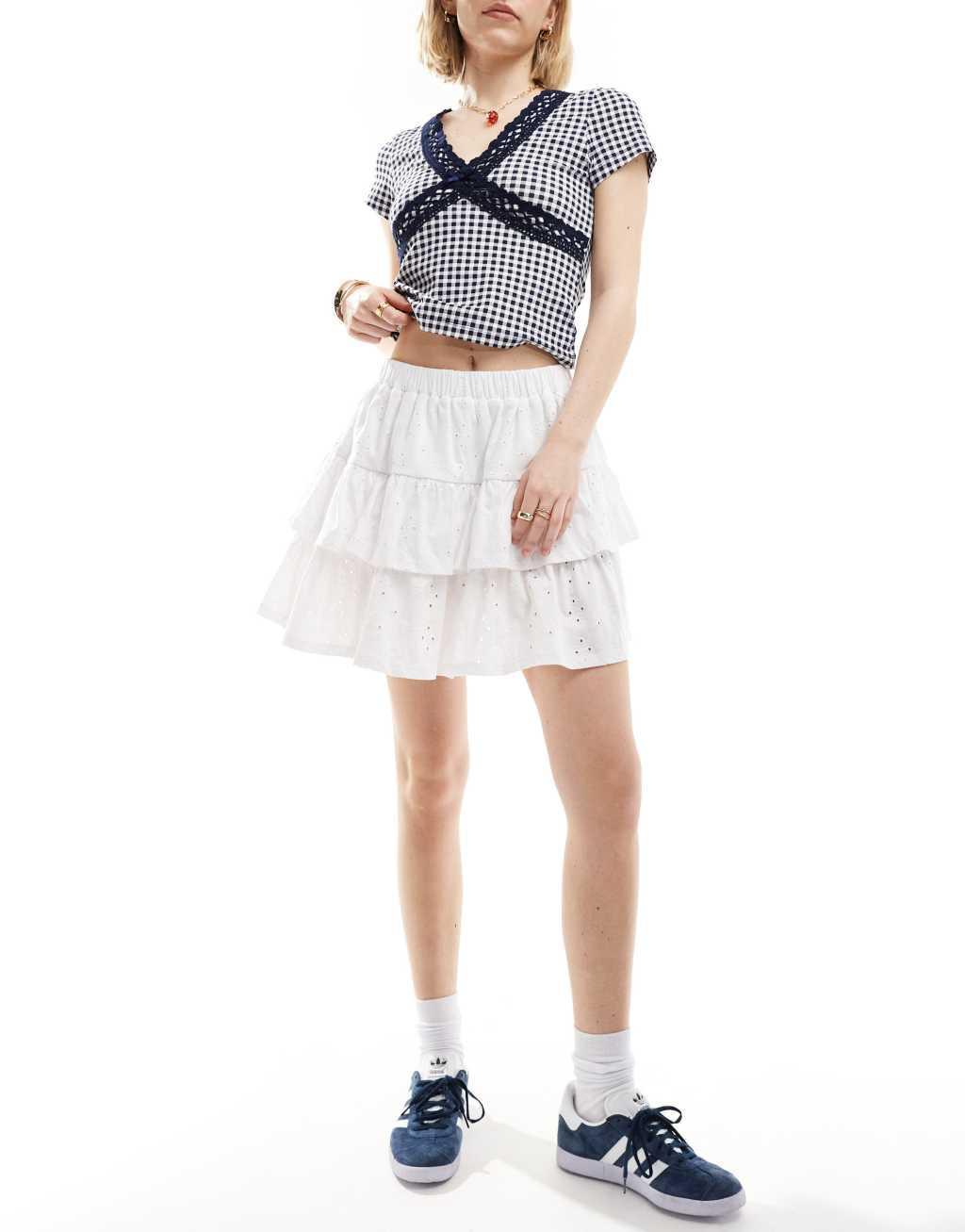 ASOS DESIGN tiered broderie skirt in white Product Image