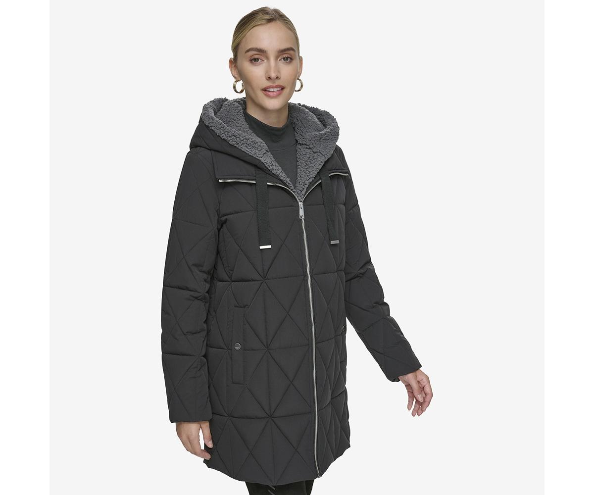 Islee Quilted Womenss Puffer Coat With Popcorn Sherpa Trimming and Removable Hooded Bib Product Image