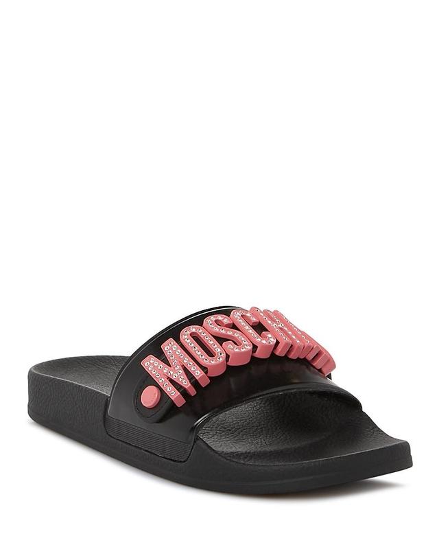 Moschino Womens Crystal Logo Slide Sandals Product Image