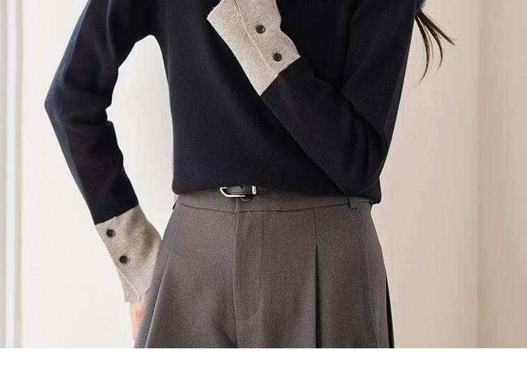 Long Sleeve Mock Neck Two Tone Panel Knit Top Product Image