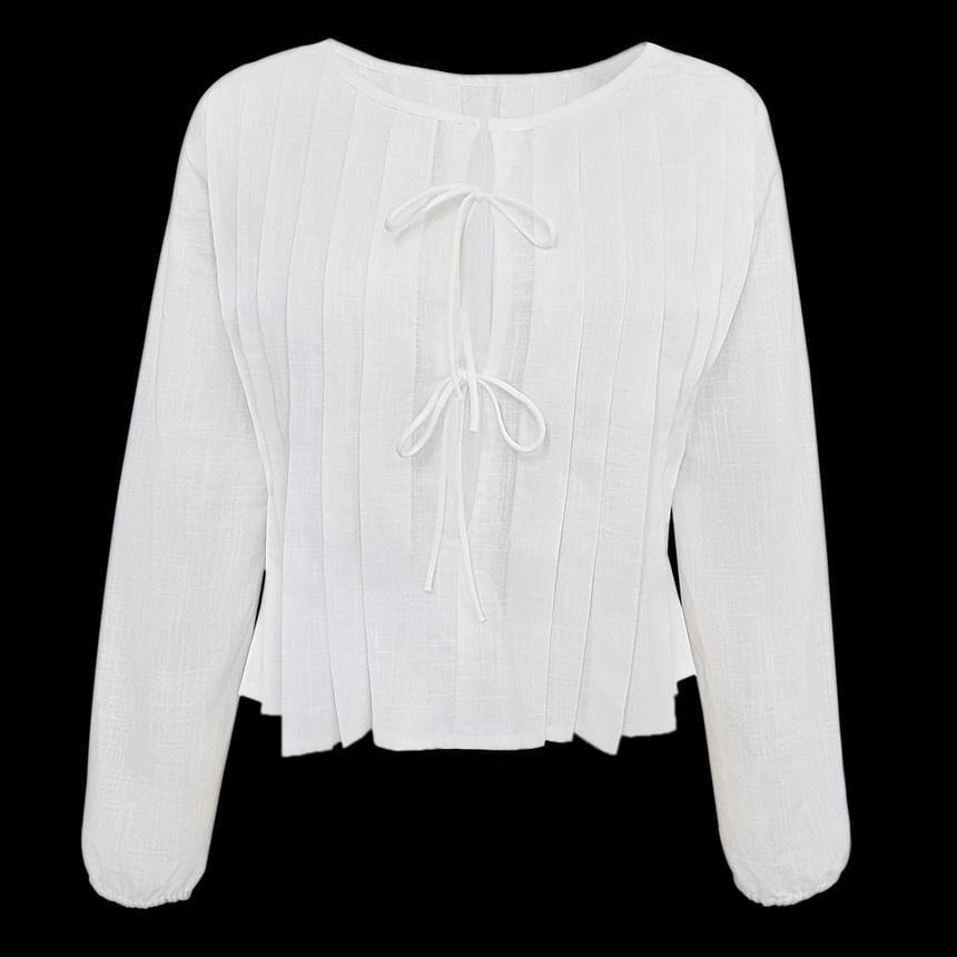 Long-Sleeve Plain Bow Ribbed Blouse Product Image