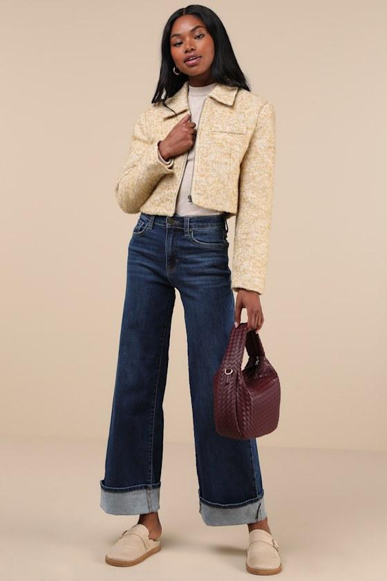 Palazzo Dark Wash Denim Cuffed High Rise Wide-Leg Jeans Product Image