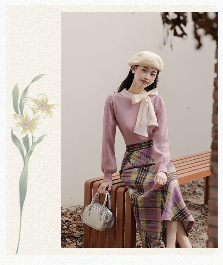 Set: Ribbon Neck Plain Sweater + High Waist Plaid Maxi A-Line Skirt Product Image