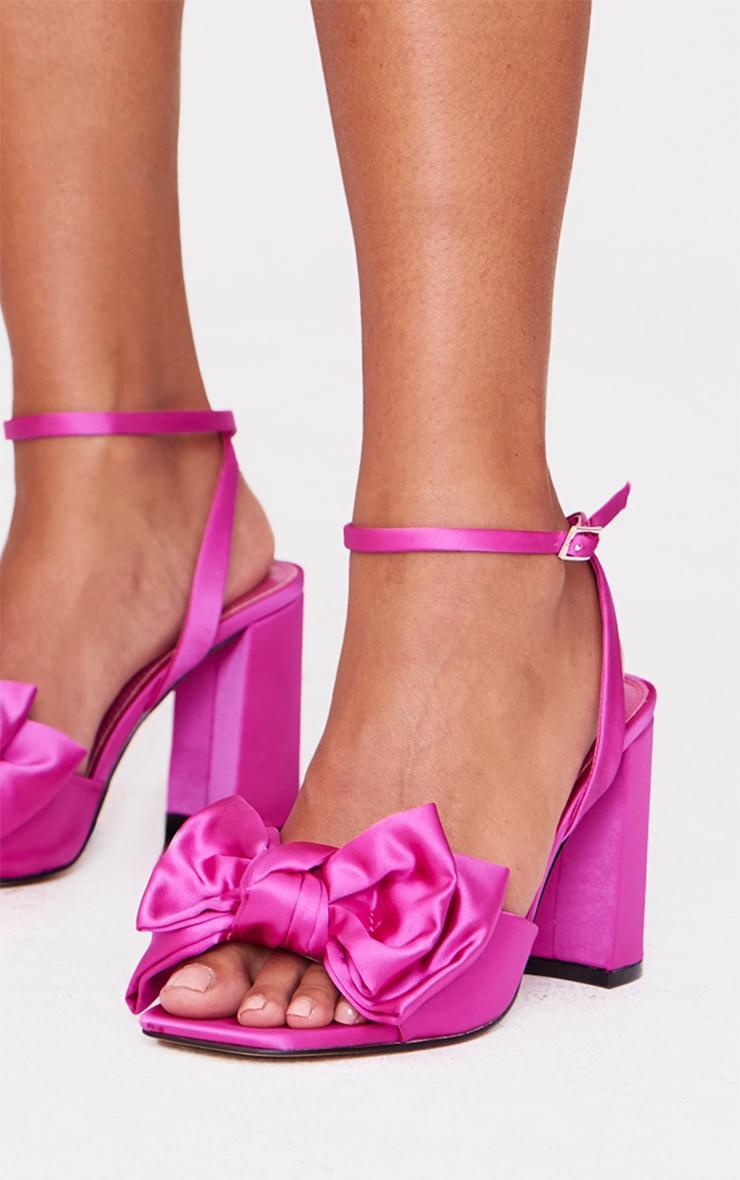 Pink Wide Fit Satin Round Toe Bow Block Heeled Sandals Product Image