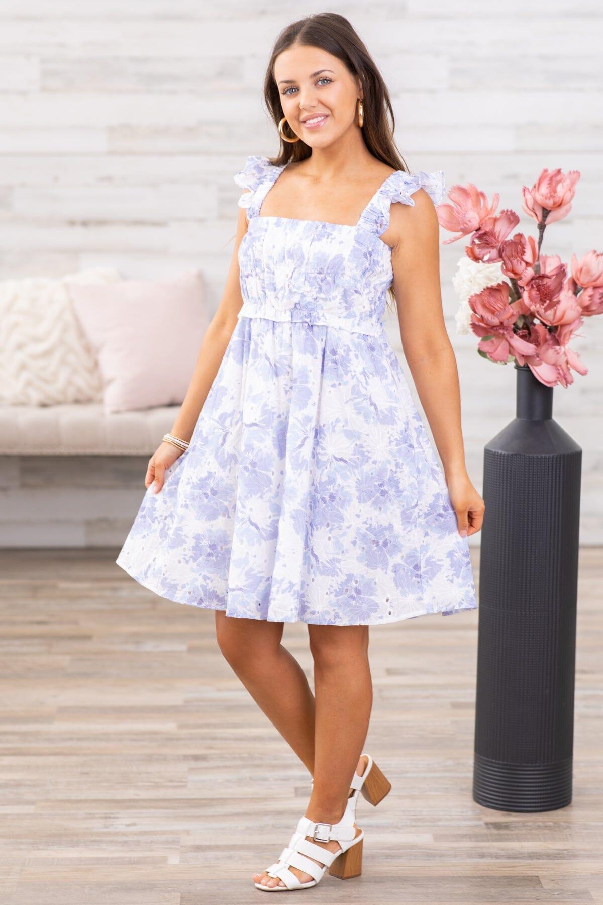 White and Blue Floral Smocked Bodice Dress Product Image