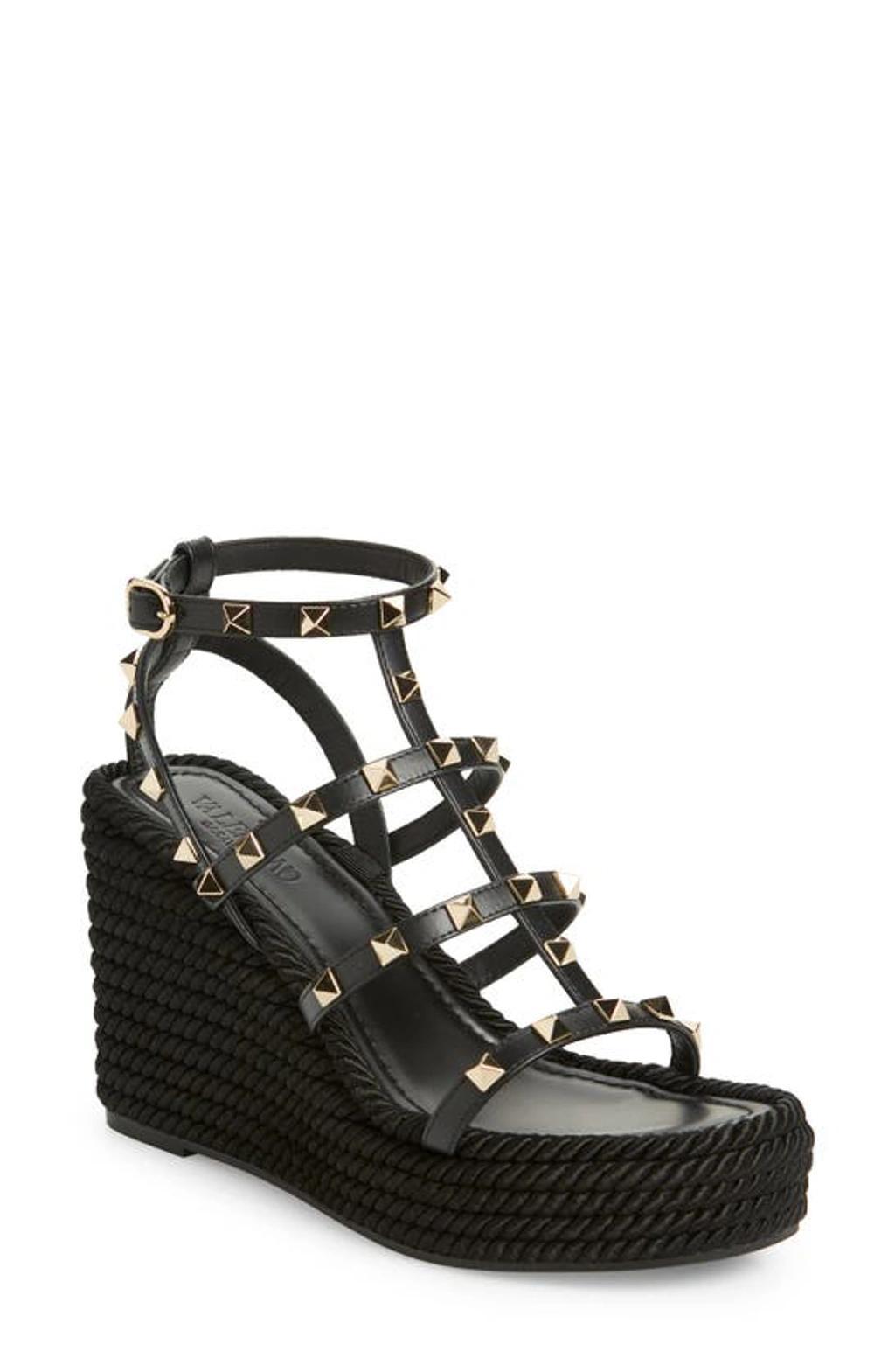 Rockstud Metallic Leather Wedge Espadrilles In Black Product Image