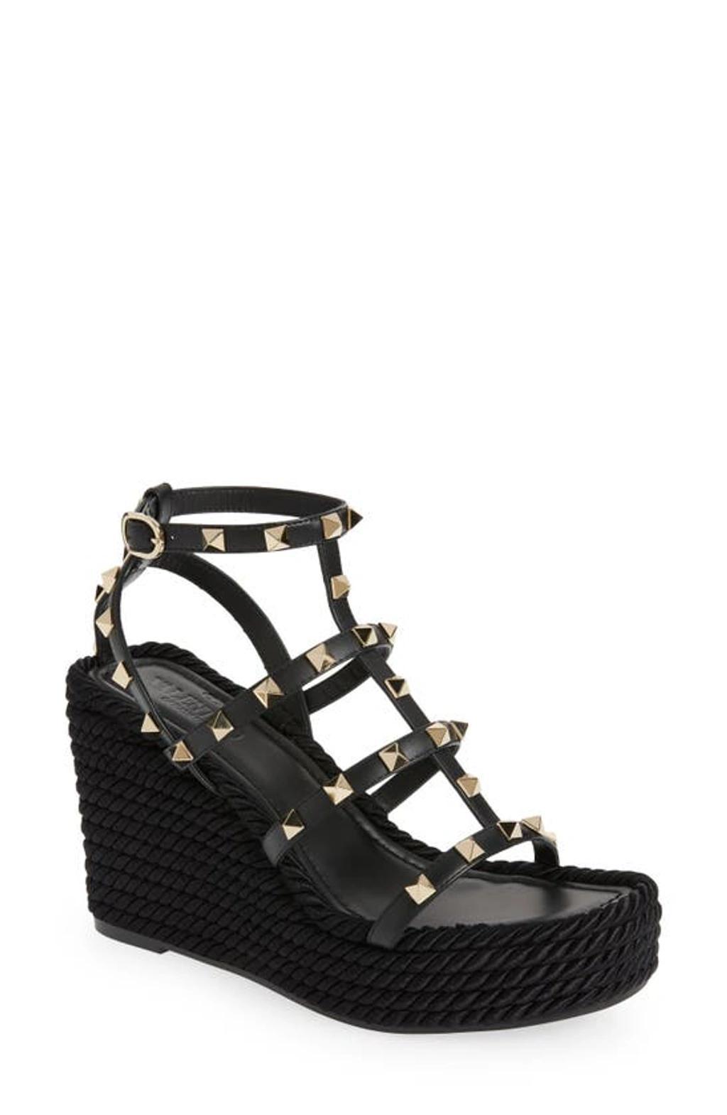 Rockstud Metallic Leather Wedge Espadrilles In Black Product Image