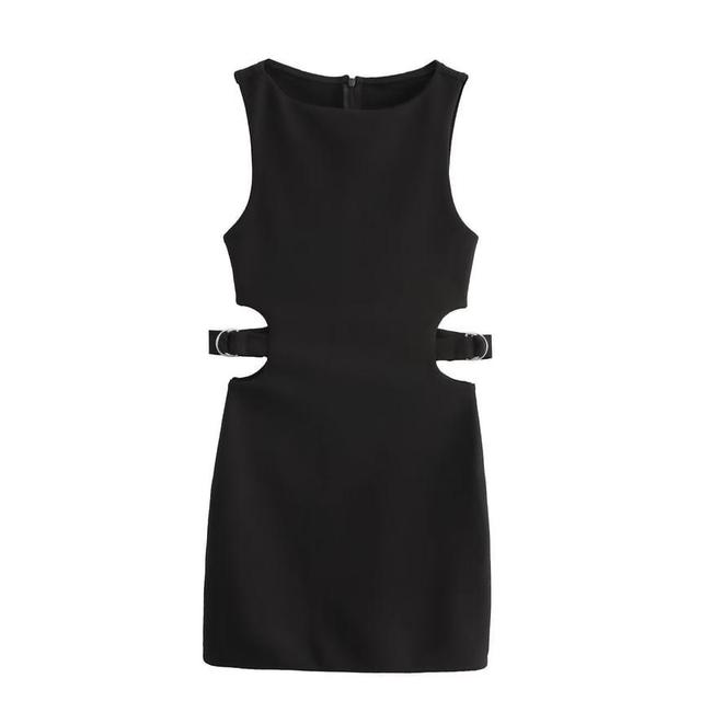 Sleeveless Boat Neck Plain Cutout Mini A-Line Dress Product Image