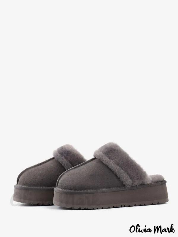 Olivia Mark – Sophisticated Brown Suede Platform Slippers featuring a Round Toe Design and Short Plush Detail, ideal for Winter Comfort Product Image