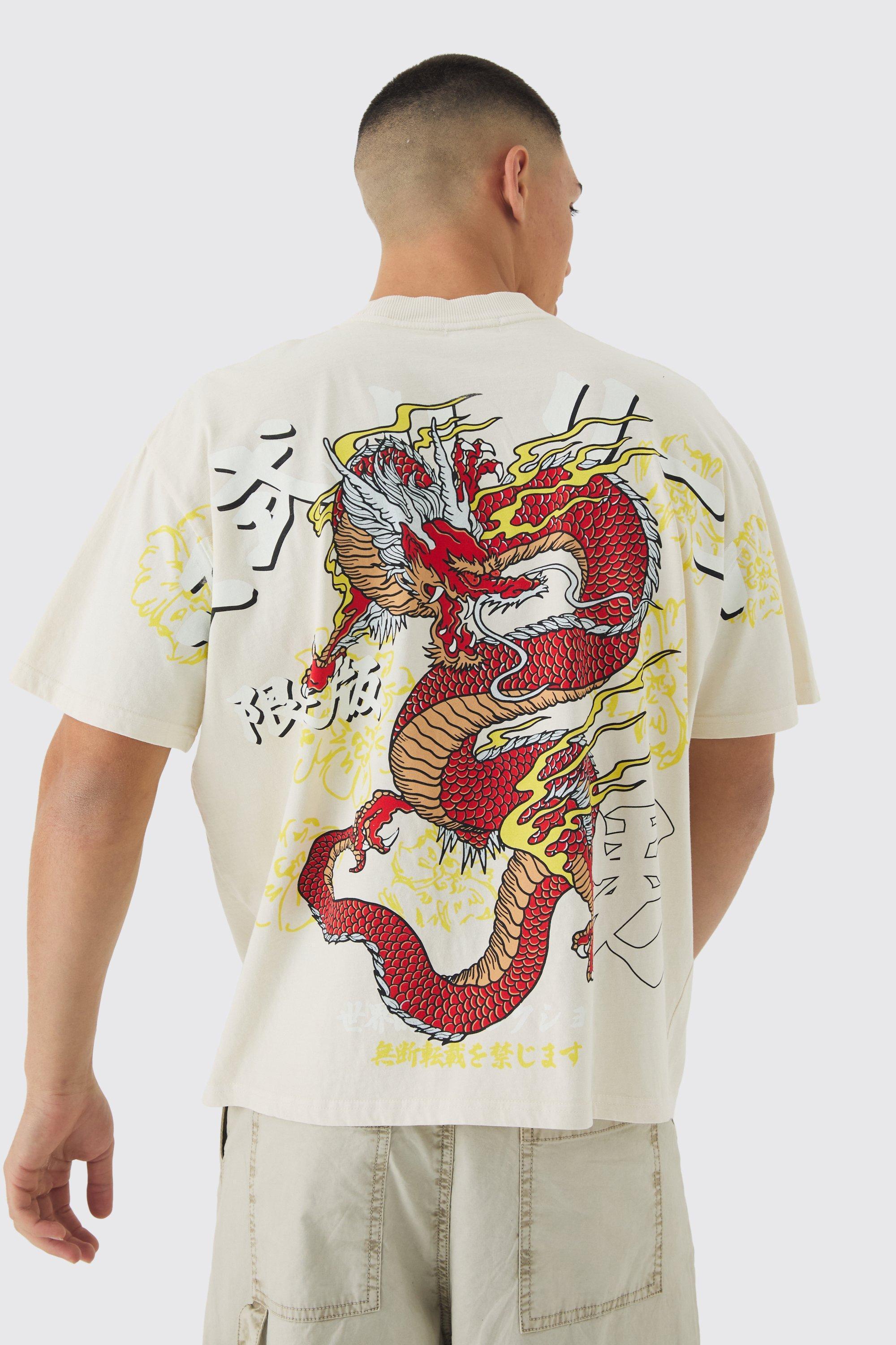 Oversized Over Seams Extended Neck Dragon Wash Print T-Shirt | boohooMAN USA product image