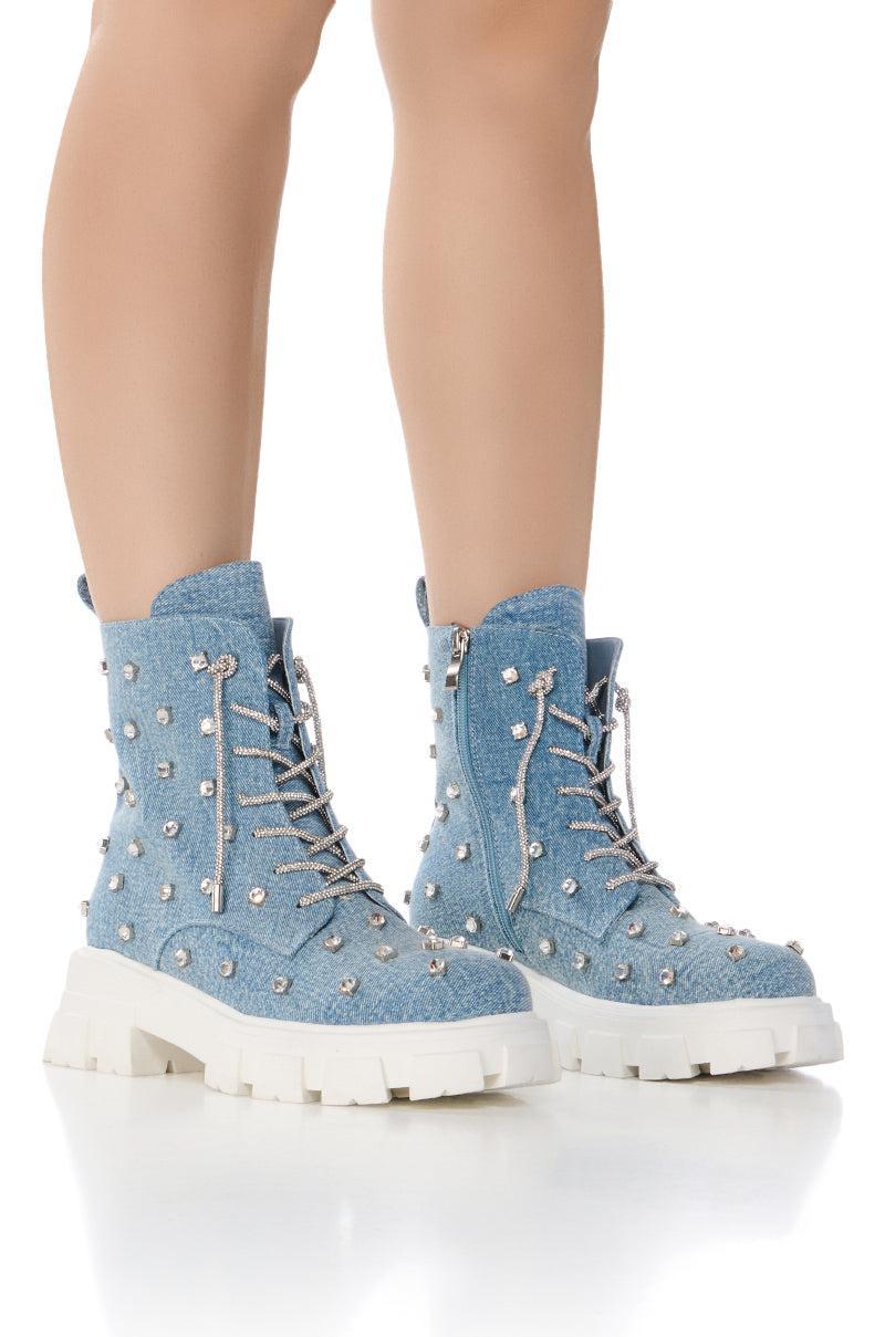 AZALEA WANG GET WHAT SHE LIKE EMBELLISHED BOOTIE IN DENIM Product Image