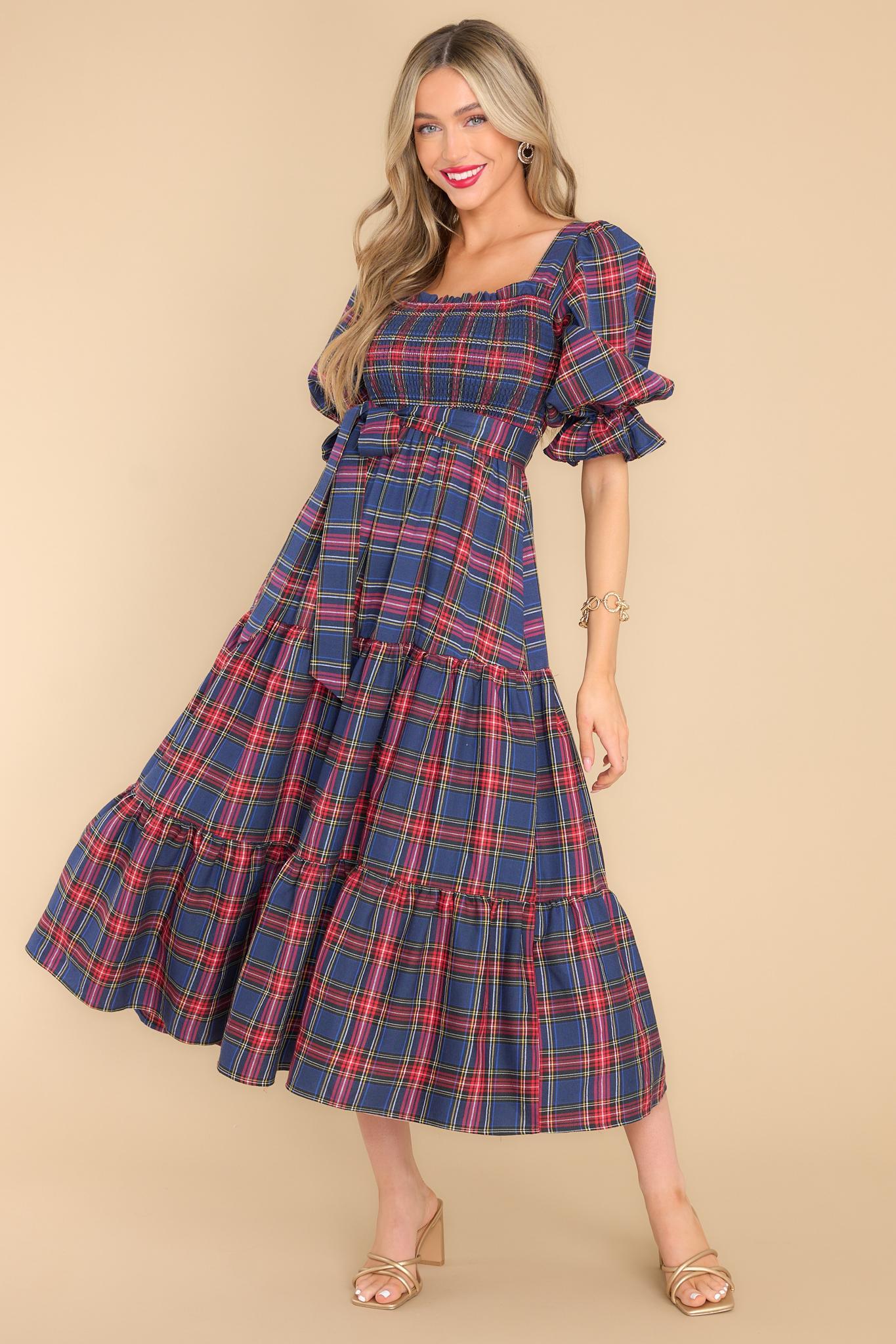 Wishful Wonderland Navy Plaid Midi Dress Product Image