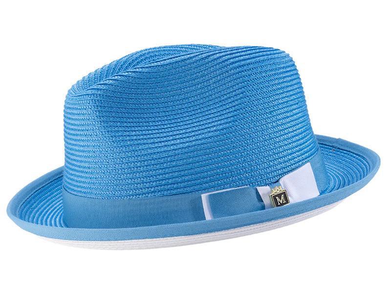 Two Tone Ribbon Stingy Brim Pinch Braided Fedora - Aqua with White Bottom Product Image