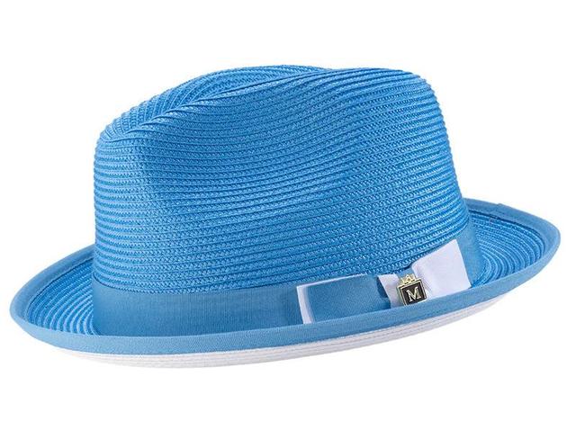 Two Tone Ribbon Stingy Brim Pinch Braided Fedora - Aqua with White Bottom Product Image