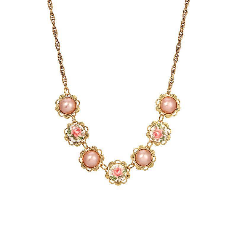 1928 Gold Tone Pink Floral Collar Necklace, Womens Product Image