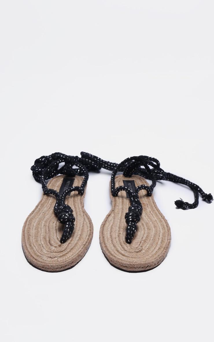 Black Rubber Round Toe Rope Lace Up Thong Toe Flat Sandals Product Image