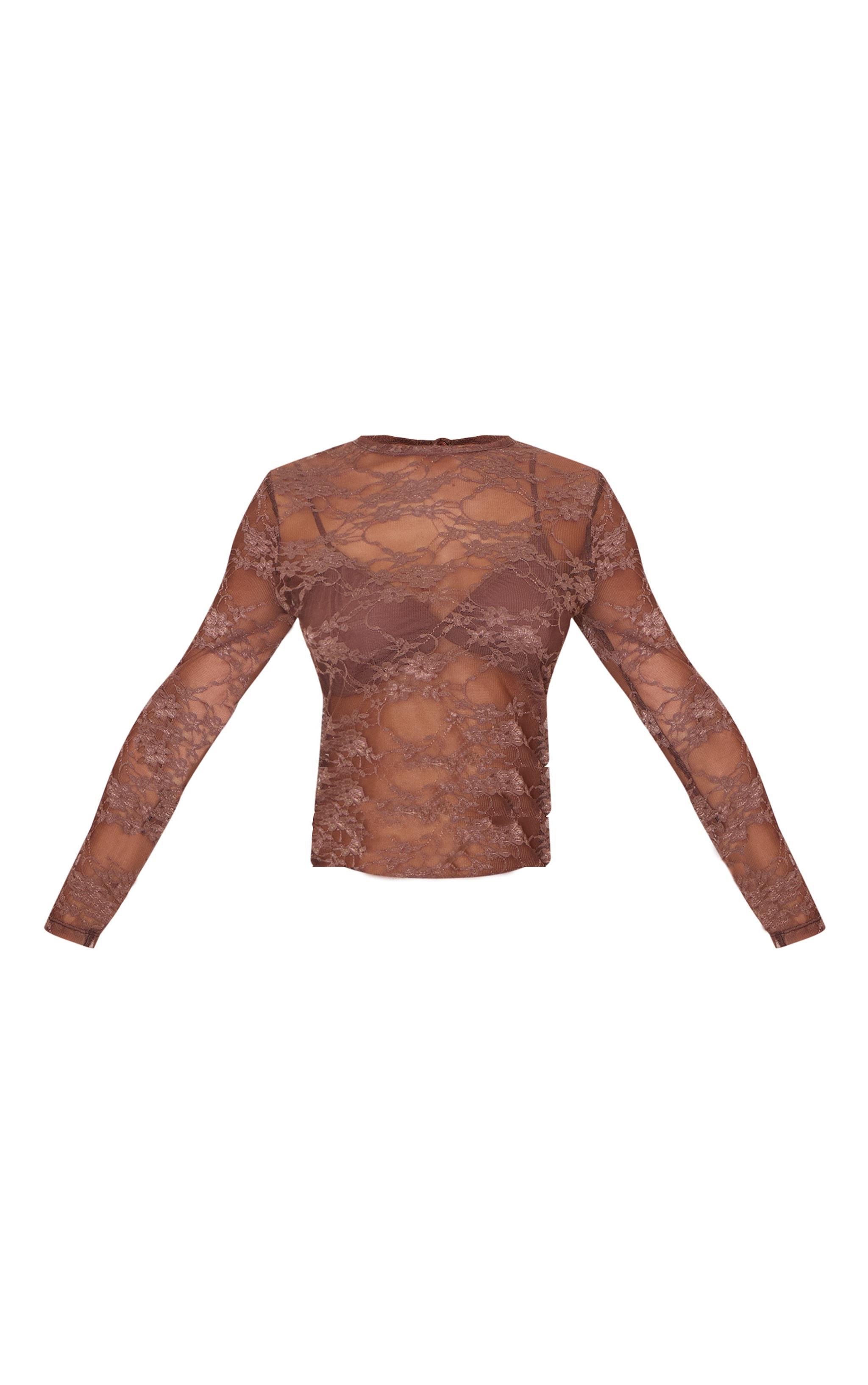 Petite Brown Long Sleeve Lace Top Product Image