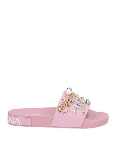 DOLCE & GABBANA Bejeweled Appliqués Beachwear Slides In Rubber In Pink Product Image