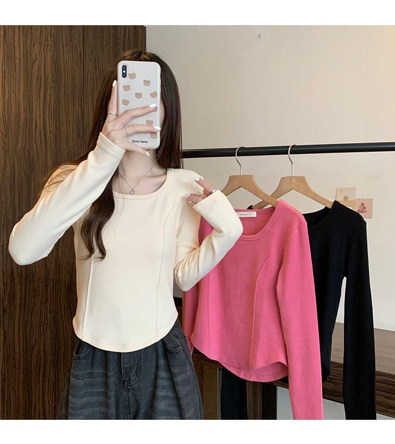 Long-Sleeve Square Neck Plain T-Shirt Product Image