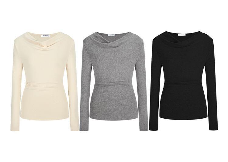 Long-Sleeve Cowl Neck Plain Top Product Image