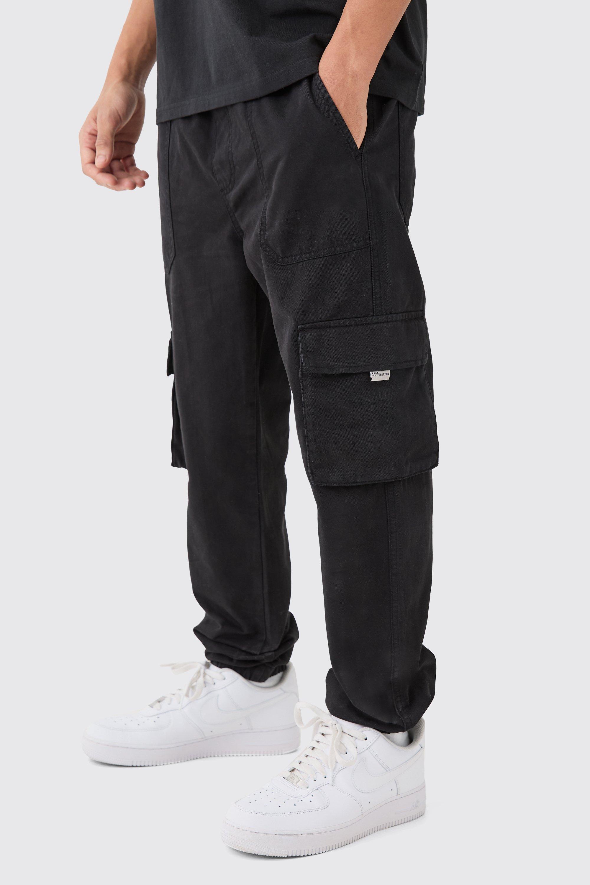 Mens Black Elasticated Waist Slim Fit Branded Cargo Jogger, Black Product Image