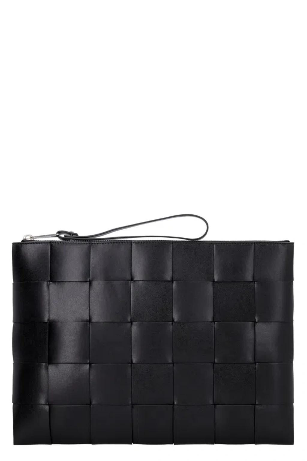 BOTTEGA VENETA Black Woven Leather Pouch Handbag For Men Product Image