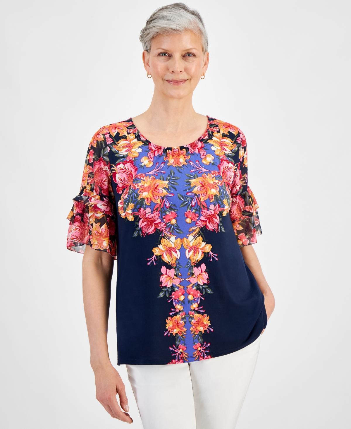 Jm Collection Womens Short-Sleeve Printed Ruffled-Cuff Top, Created for Macys Product Image