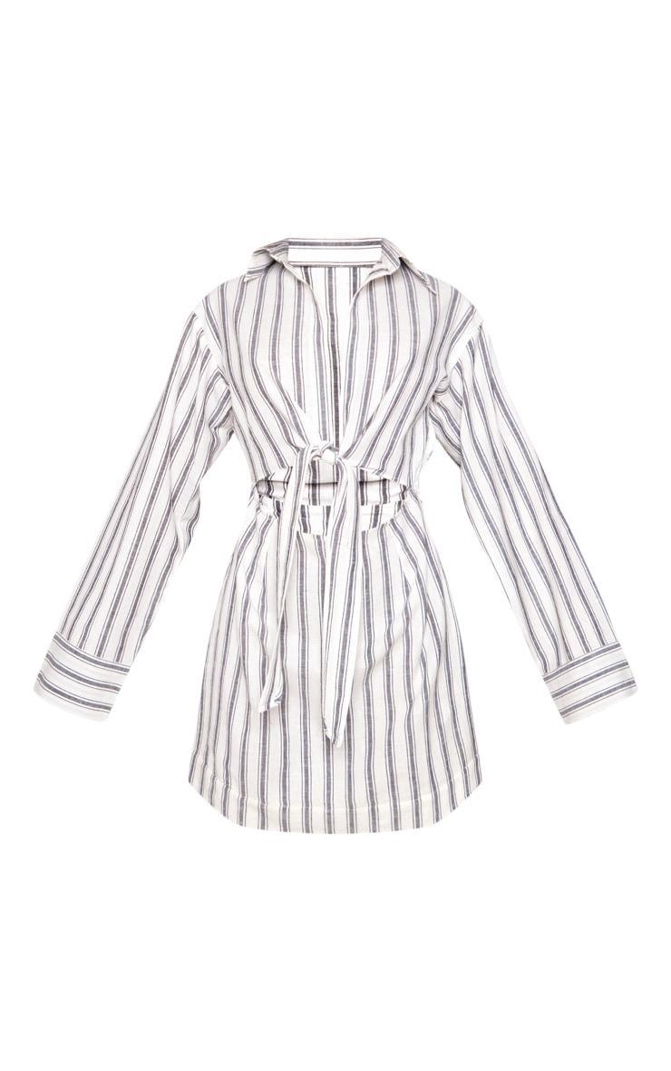  Grey Stripe Knot Front Long Sleeve Shirt Dress Product Image