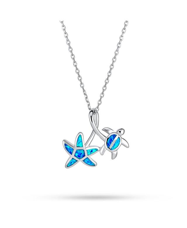 Bling Jewelry Nautical Tropical Beach Vacation Iridescent Blue Created Opal Inlay Sea Turtle Starfish Pendant Necklace For Women .925 Sterling Silver Product Image