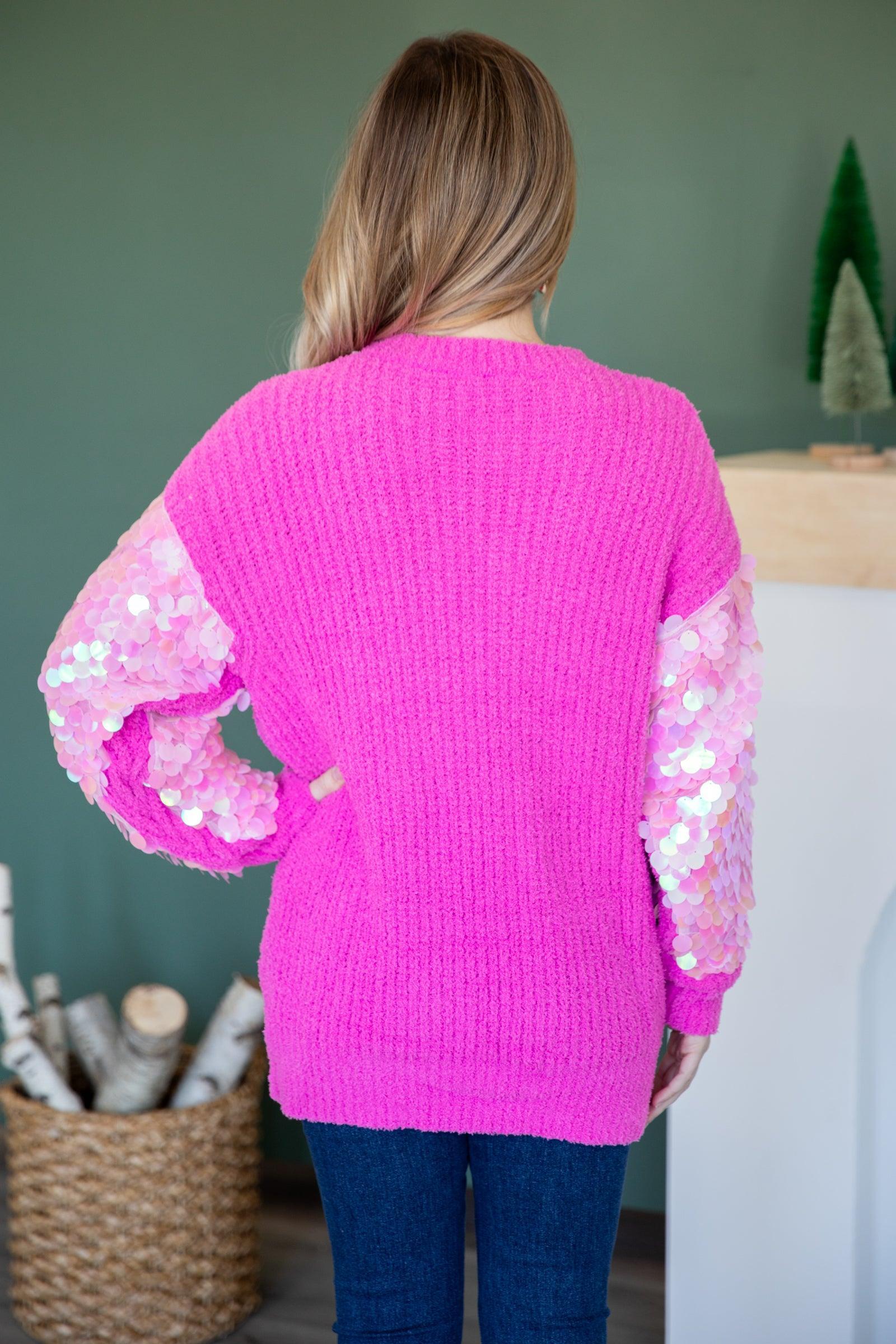 Pink Sweater With Pailette Sleeve Detail Product Image