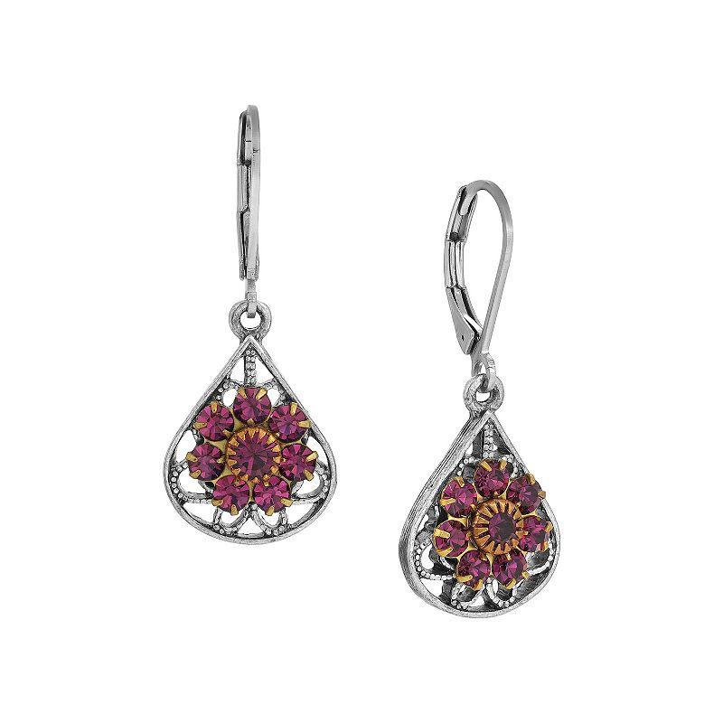 1928 Silver Tone Purple Crystal Flower Teardrop Earrings, Womens Product Image