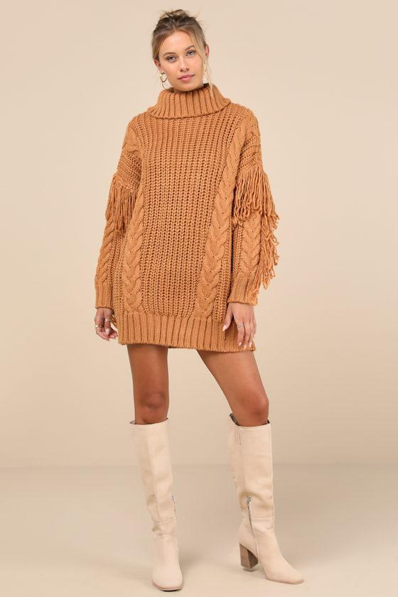 Coziest Heart Tan Oversized Cable Knit Fringe Sweater Mini Dress Product Image