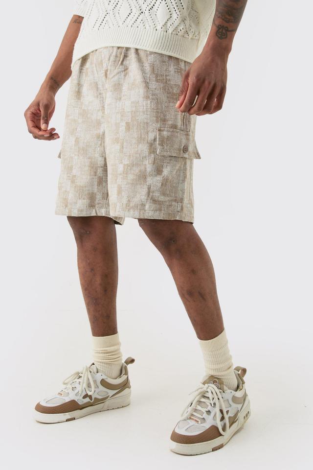 Tall Elasticated Waist Textured Cargo Short In Stone | boohooMAN USA Product Image