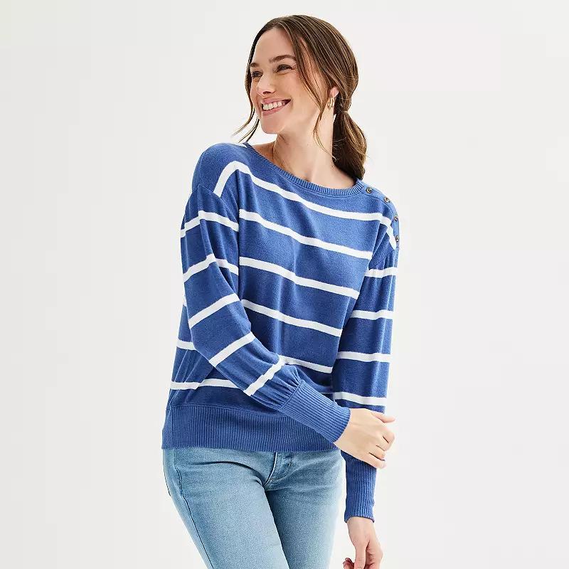 Petite Sonoma Goods For Life Cozy Boatneck Button Pullover, Womens Blue Snow Stripe Product Image