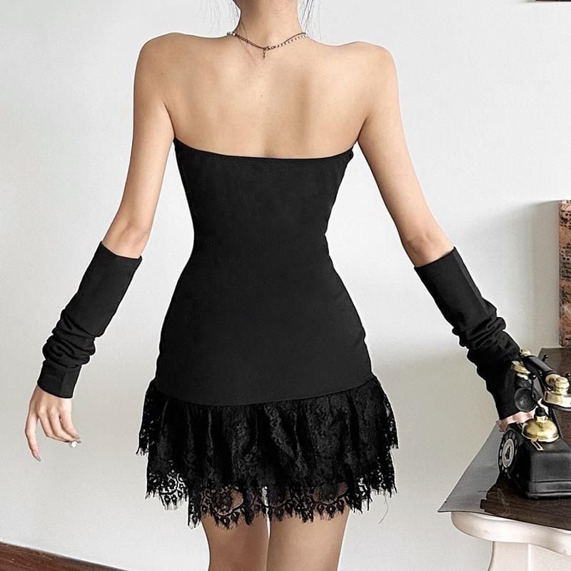 Strapless Sweetheart Neck Plain Lace Trim Mini A-Line Dress Product Image