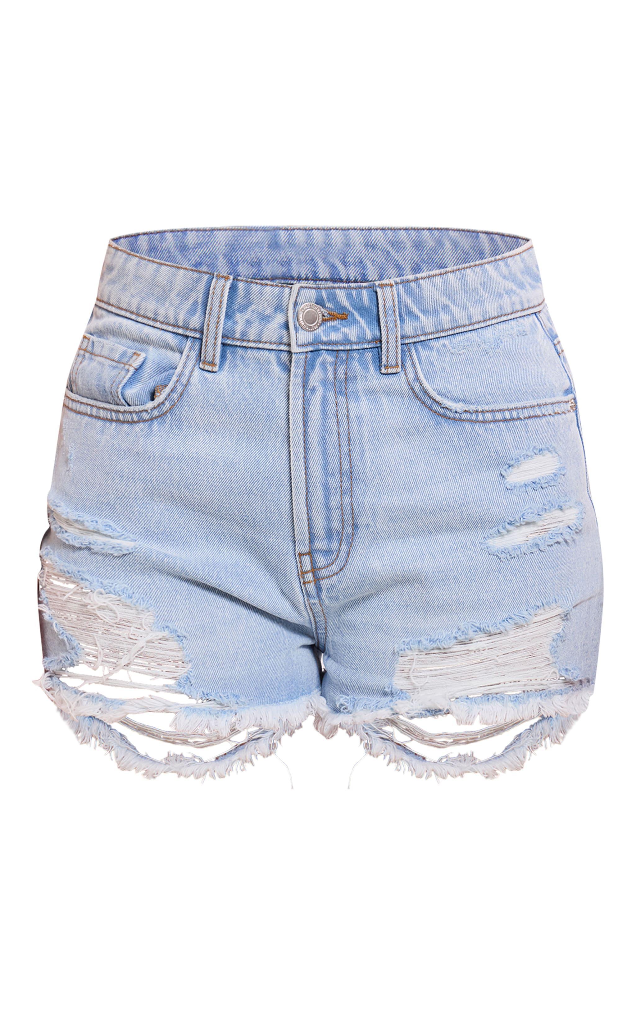 PRETTYLITTLETHING Petite Light Blue Distressed High Rise Basic Denim Shorts Product Image