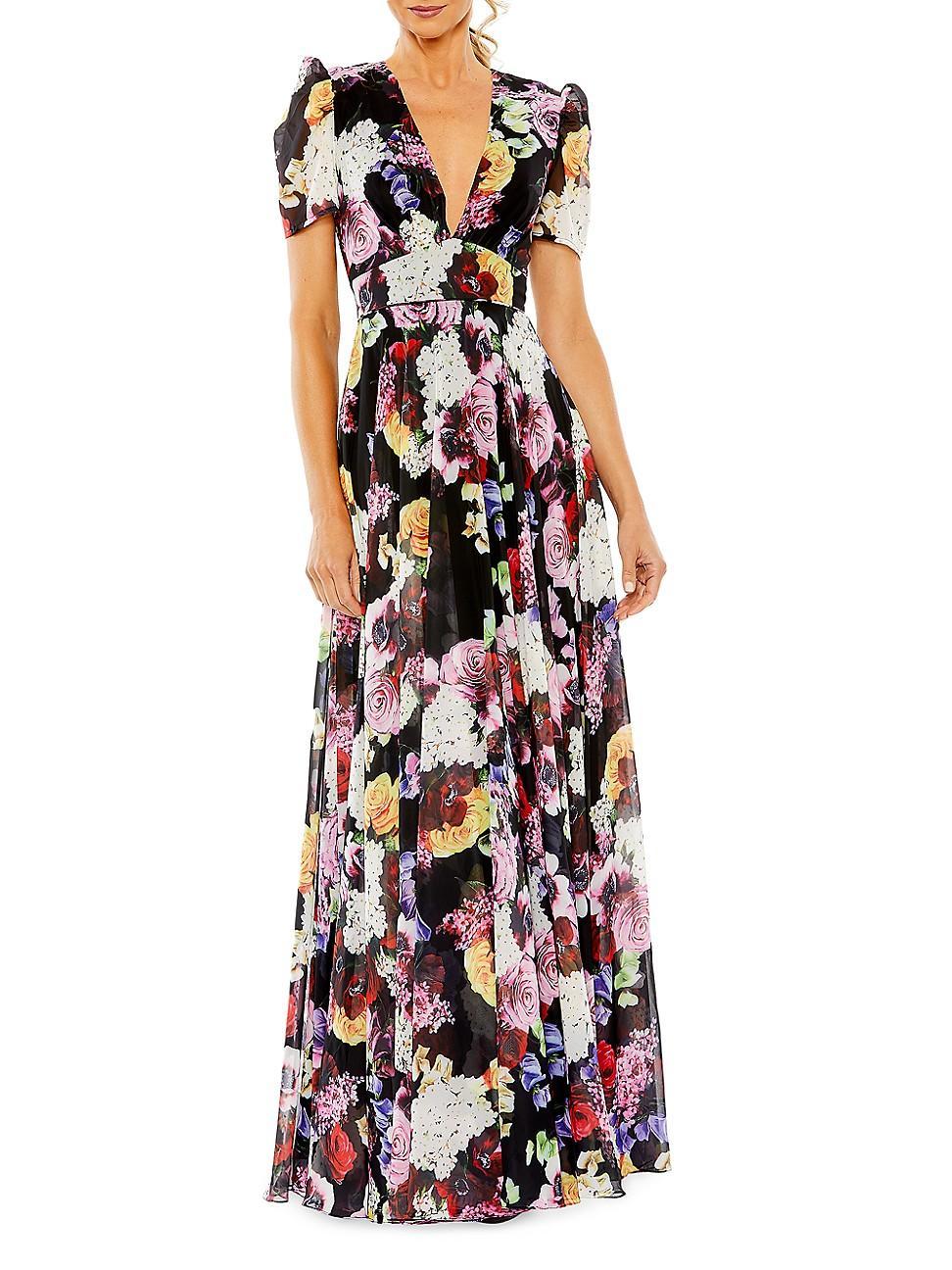 Ieena for Mac Duggal Floral Short Sleeve Pleated Gown Product Image