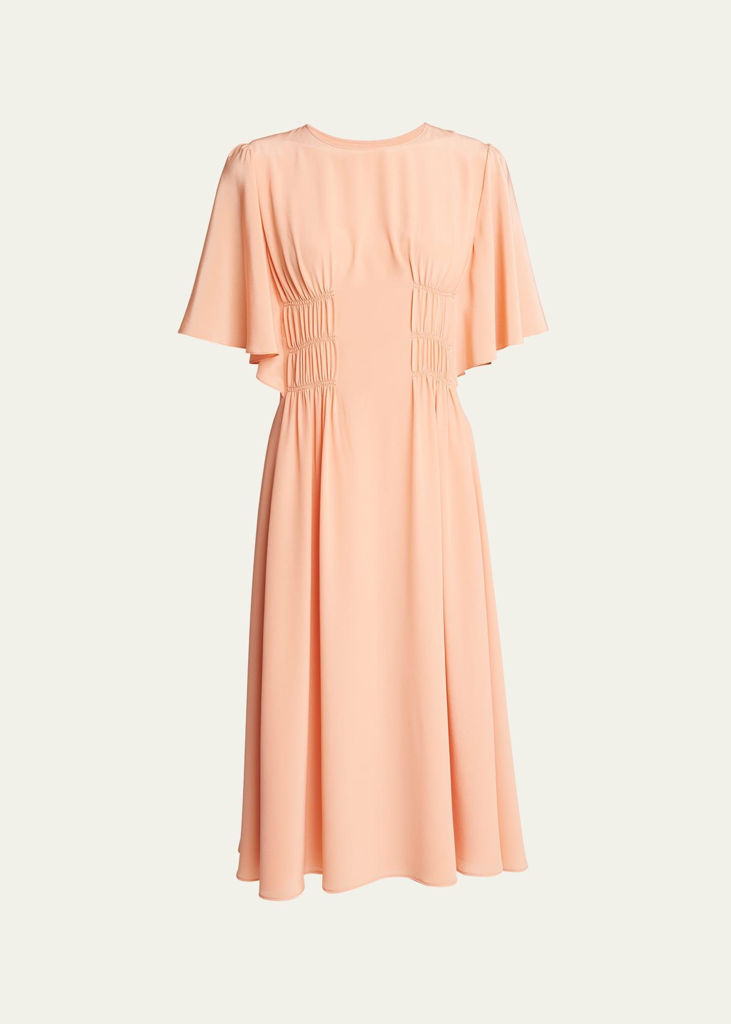 Ruched Flutter-Sleeve Crepe De Chine Midi Dress Product Image