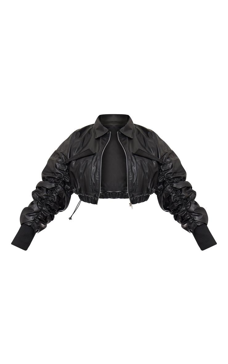 Plus Black Ruched Sleeve Cropped Faux Leather Bomber Jacket Product Image