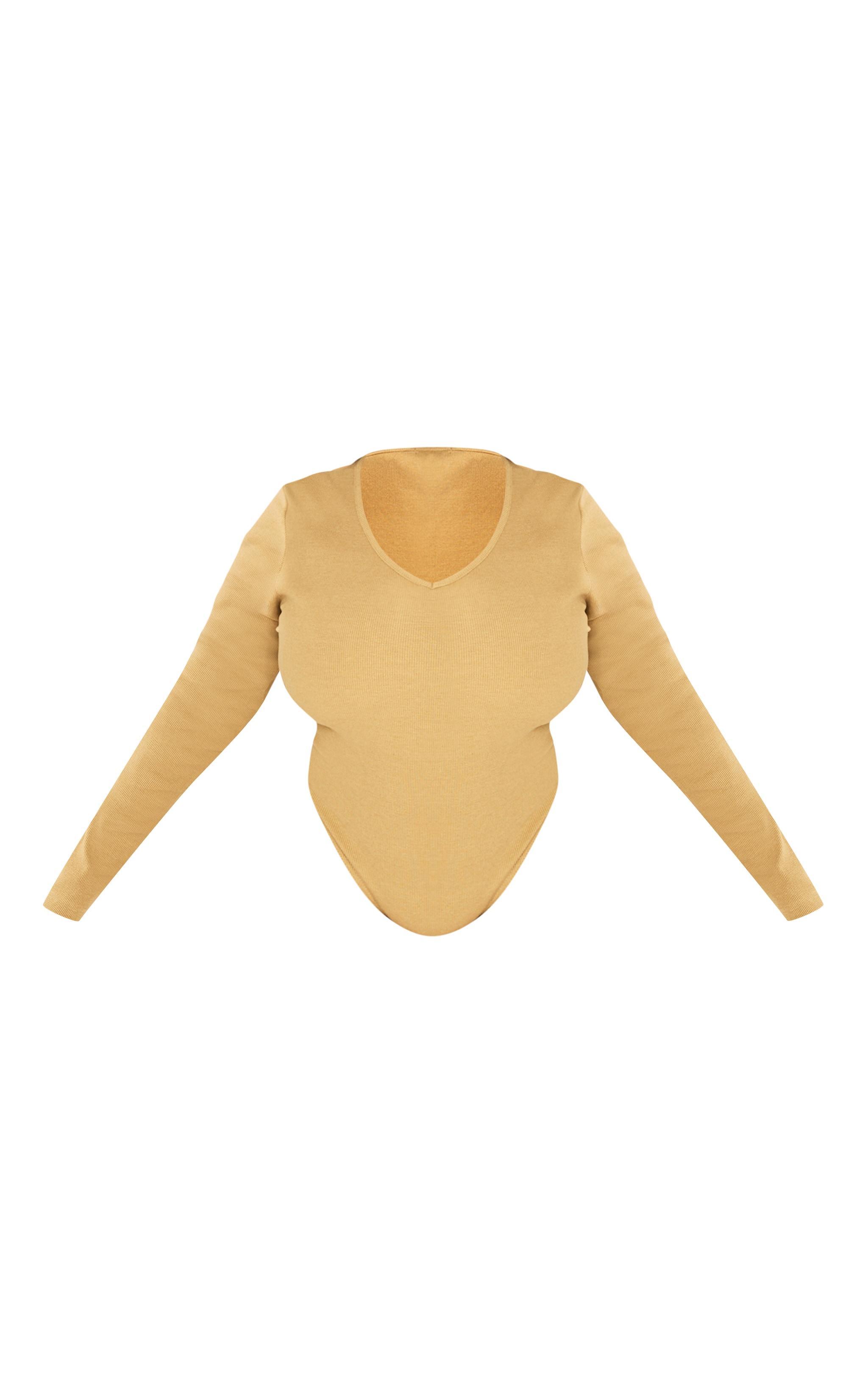 Plus Olive Green Basic Rib V Neck Long Sleeve Bodysuit Product Image