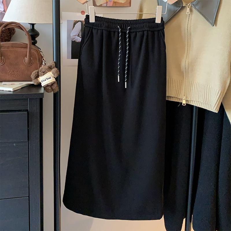 High-Rise Drawstring Plain Midi Skirt Product Image