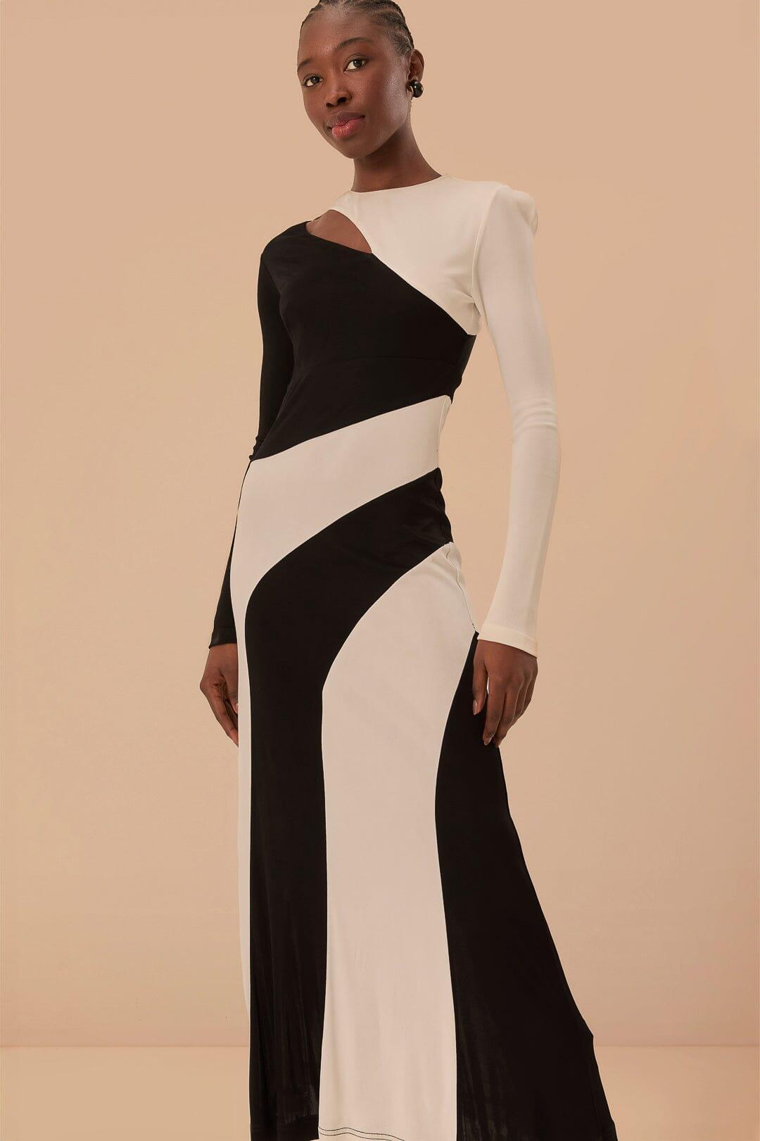 Black And White Cut-Out Long Sleeve Midi Dress Product Image