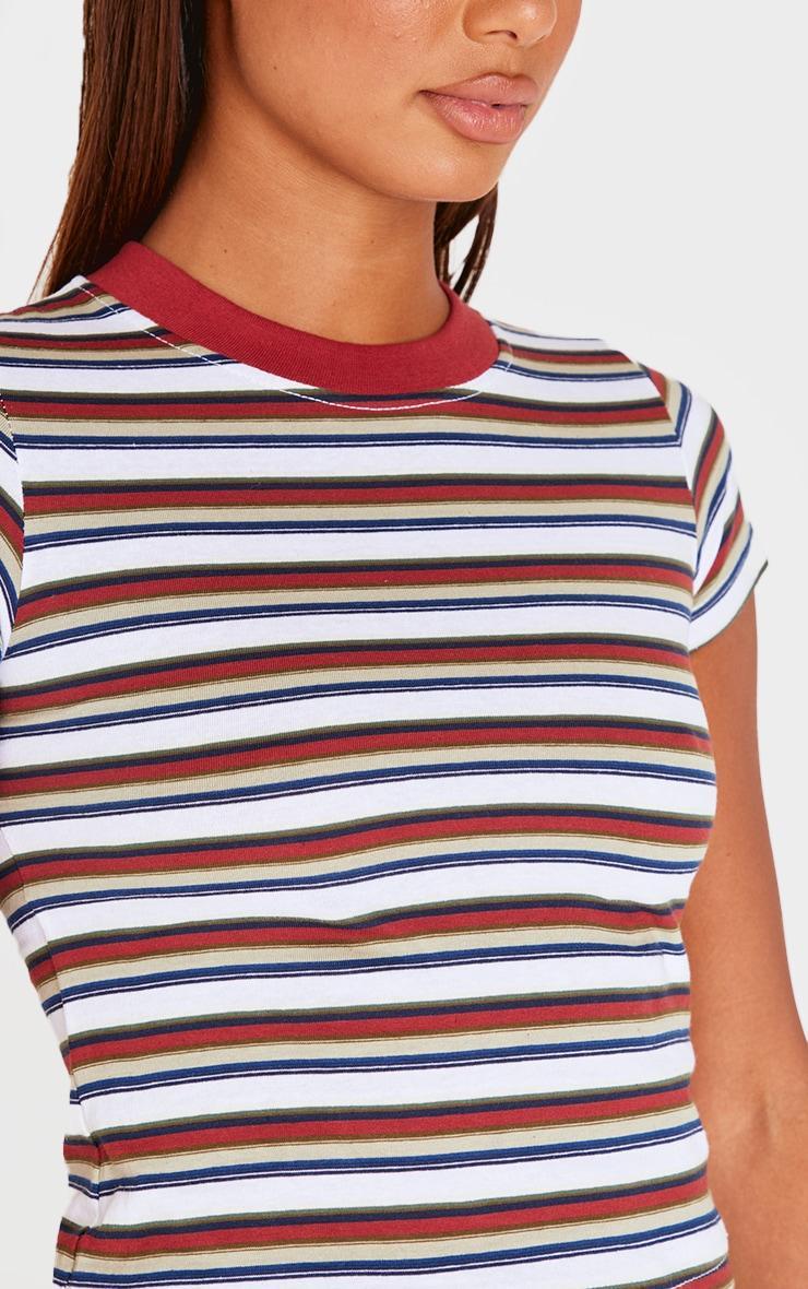  Burgundy Striped Contrast Collar Short Sleeve Top Product Image