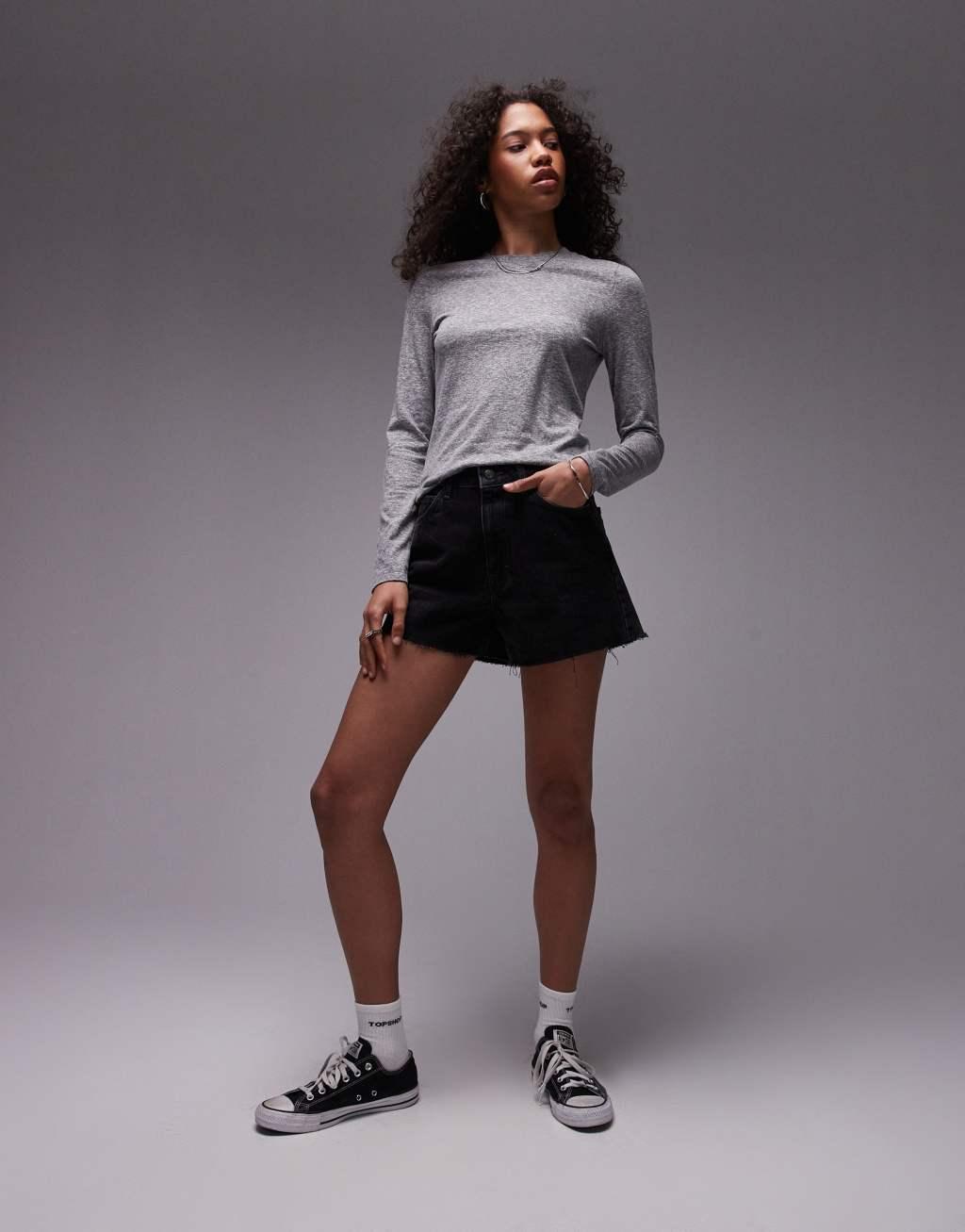 Topshop crew neck long sleeve top in heather gray Product Image