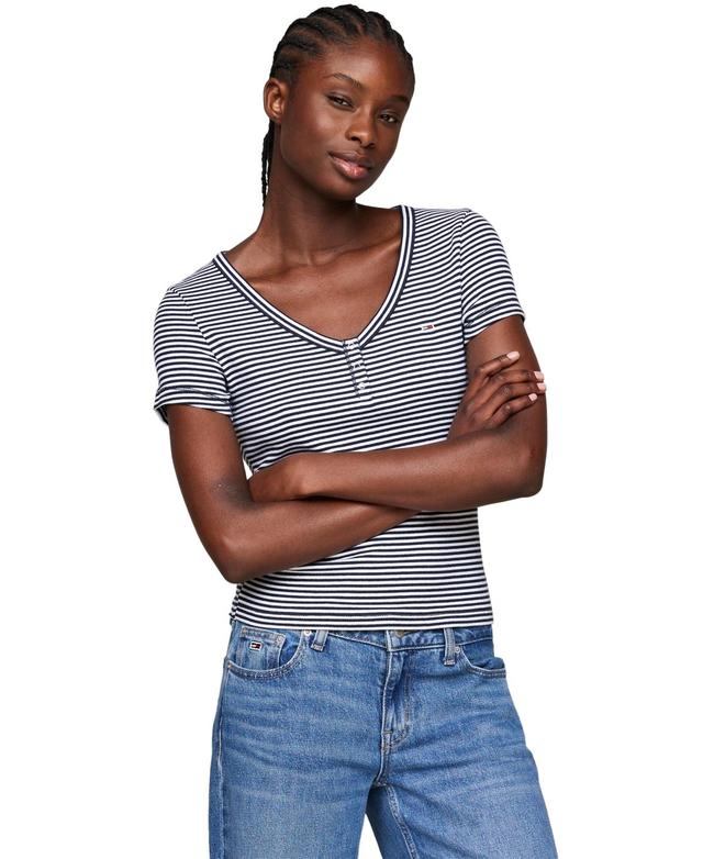 Women's  Striped Slim-Fit Henley Top Product Image