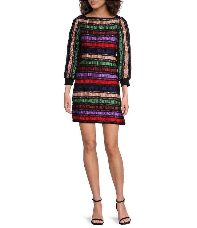 COREY LYNN CALTER Orion Woven Stripe Pattern Boat Neck Long Sleeve Shift Dress Product Image